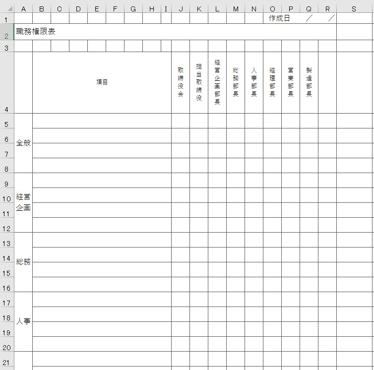職務権限表 Excel 無料テンプレート 00001 は作り方が分からない人でもサンプルとして参考にできる